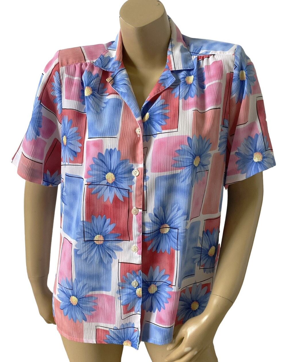 Alia Blouse Women 10P Petite Vintage 90s Blue Pink Floral Short Sleeve Button Up